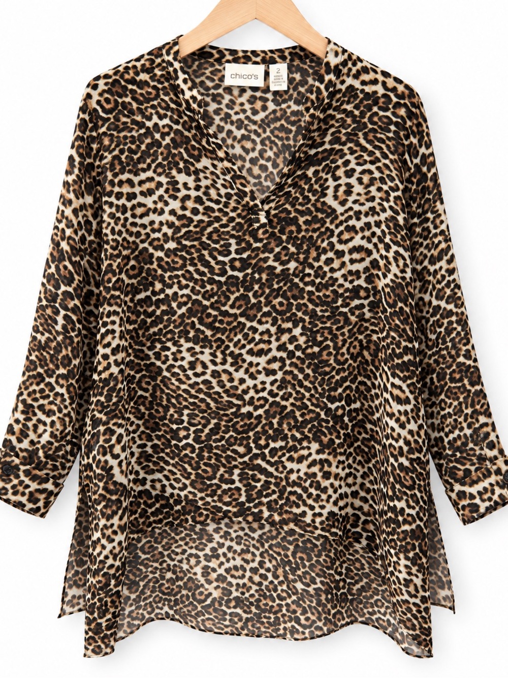 Chico’s Leopard Print High Low Tunic Blouse V Neck Size 2 12/14